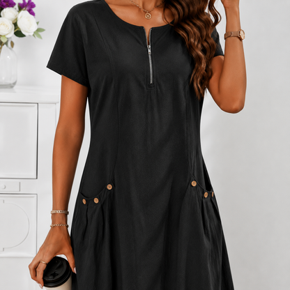 Robe Décontractée Femme à Manches Courtes avec Zip et Grandes Poches