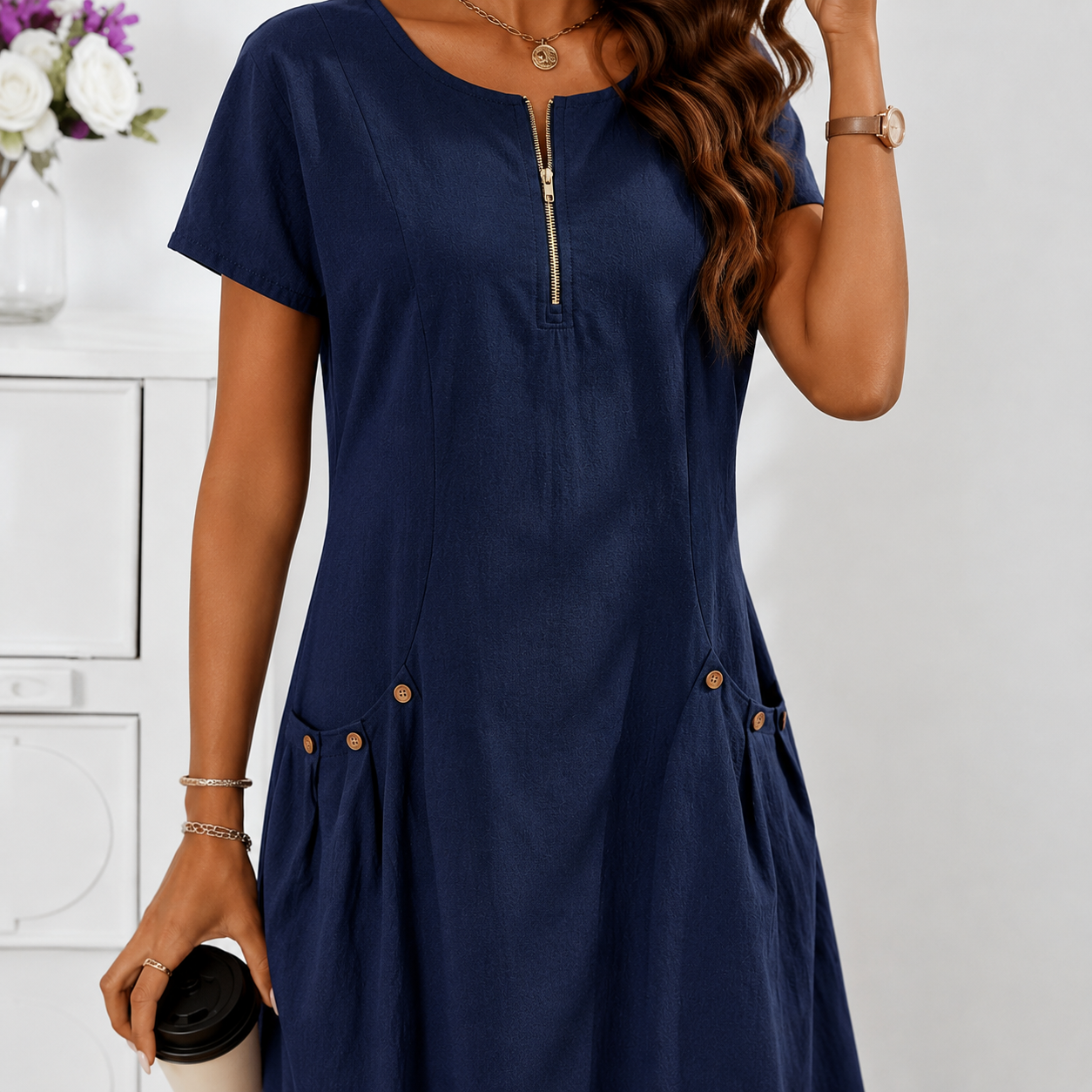 Robe Décontractée Femme à Manches Courtes avec Zip et Grandes Poches