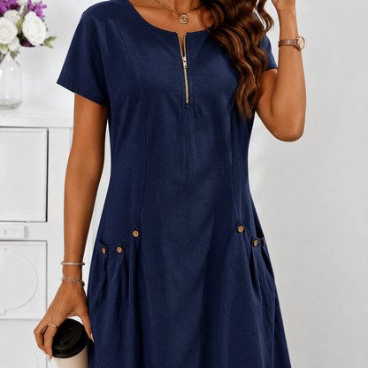 Robe Décontractée Femme à Manches Courtes avec Zip et Grandes Poches