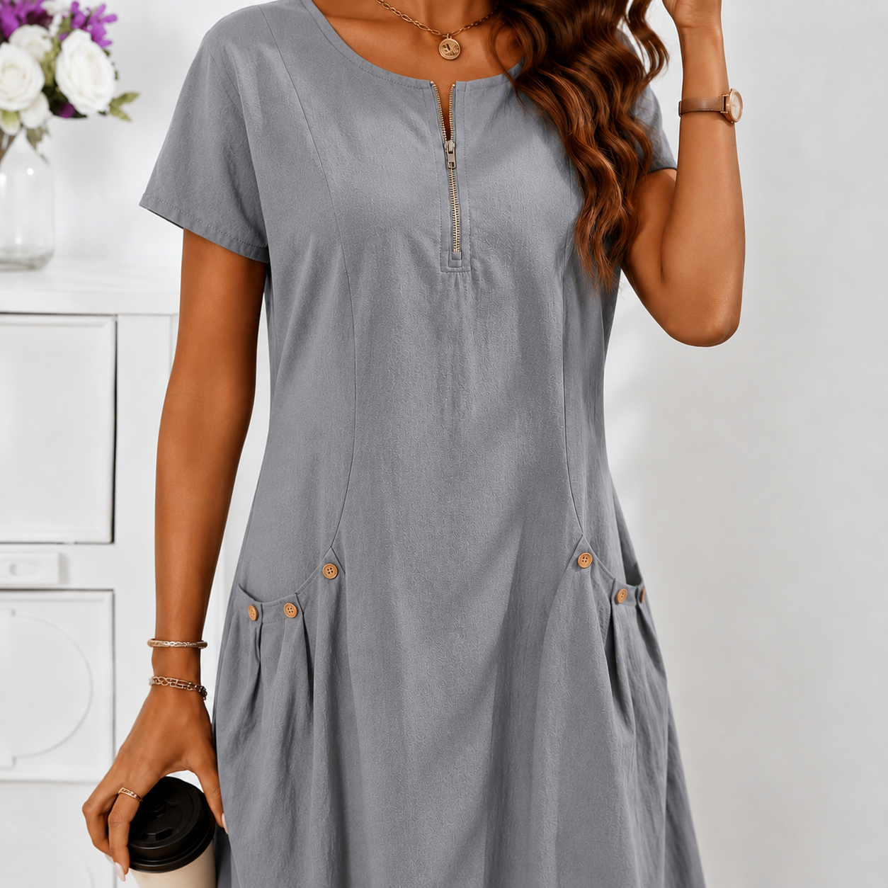 Robe Décontractée Femme à Manches Courtes avec Zip et Grandes Poches