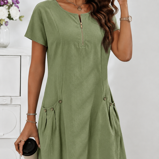 Robe Décontractée Femme à Manches Courtes avec Zip et Grandes Poches