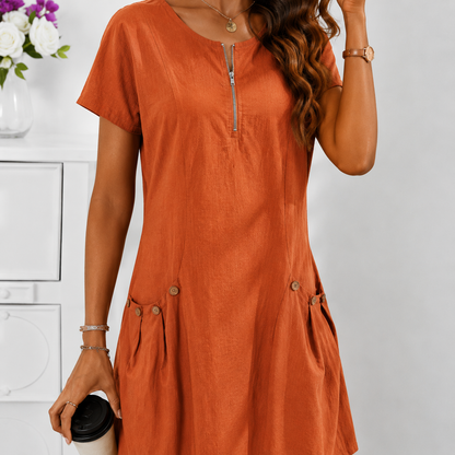 Robe Décontractée Femme à Manches Courtes avec Zip et Grandes Poches