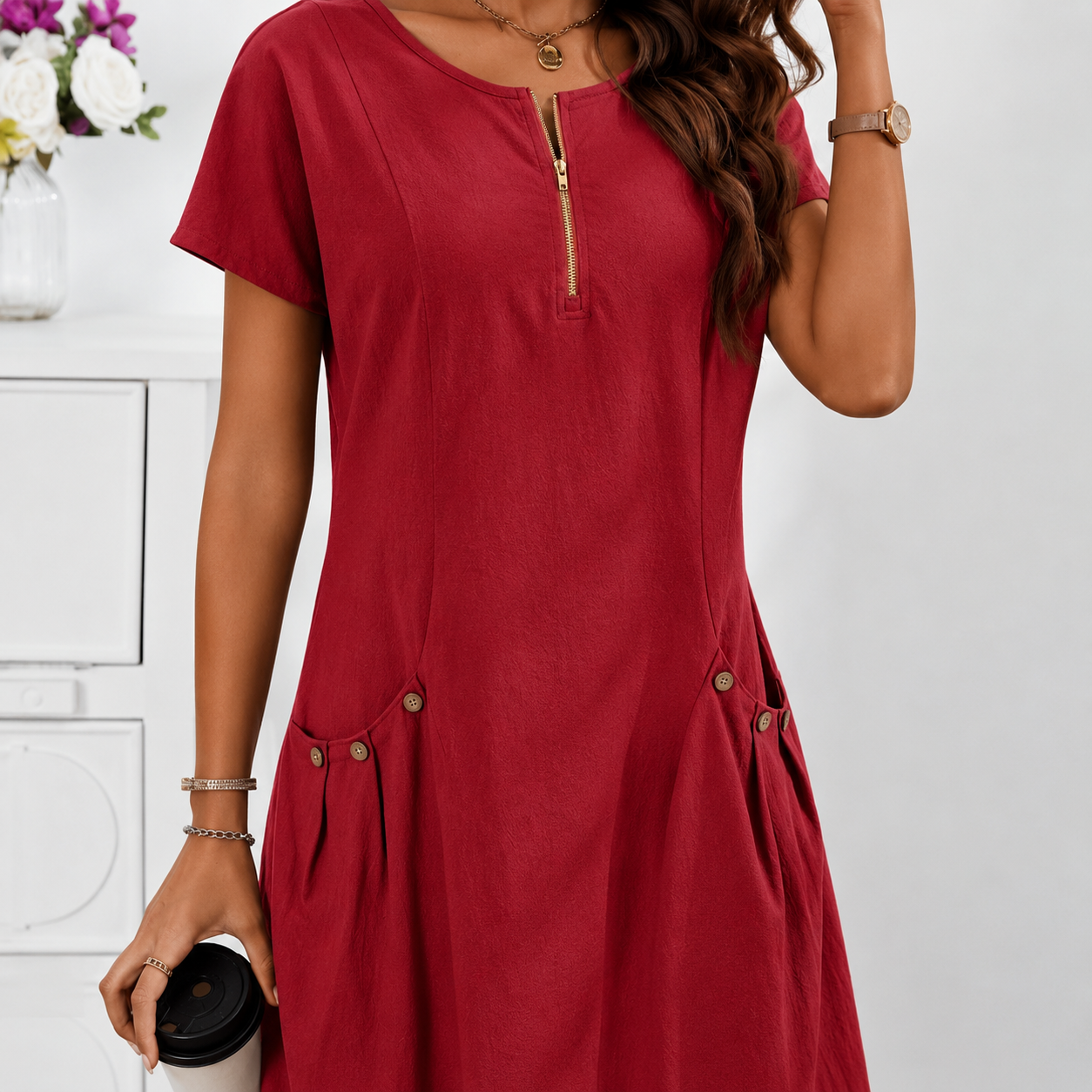 Robe Décontractée Femme à Manches Courtes avec Zip et Grandes Poches
