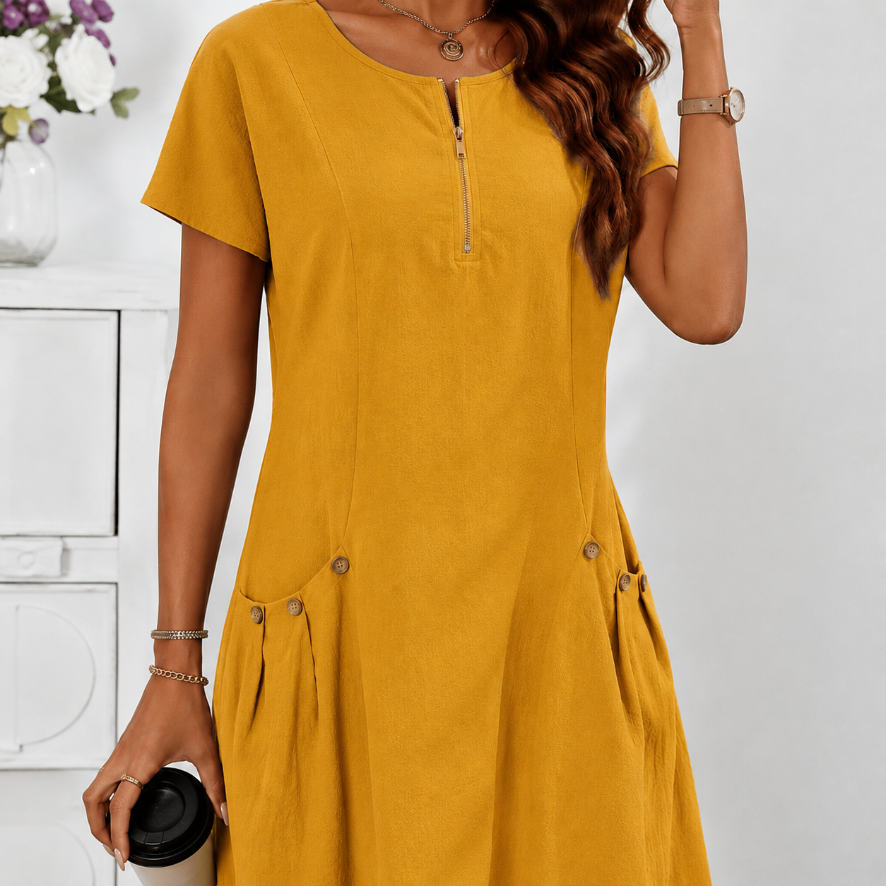 Robe Décontractée Femme à Manches Courtes avec Zip et Grandes Poches