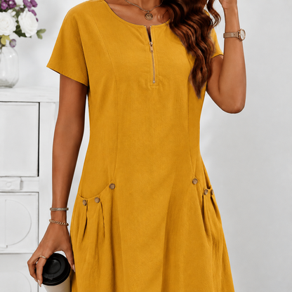 Robe Décontractée Femme à Manches Courtes avec Zip et Grandes Poches